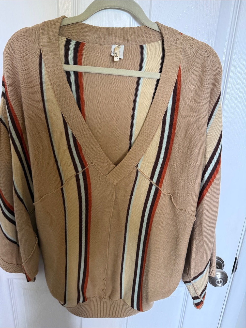 O'Neill Tan V-Neck Sweater with Cream, Rust and Black Stripes